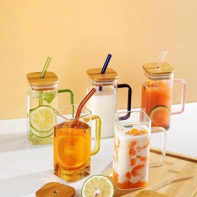 China Customized Logo Acceptable Square Color Handle Glass Cups with Bamboo Lids Straws for sale