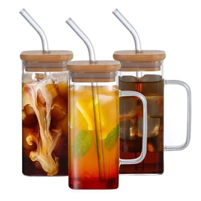 China 350ml Square Beer Soda Coffee Can Shaped Glass Pint Tumbler With Bamboo Lid Straw Stock for sale