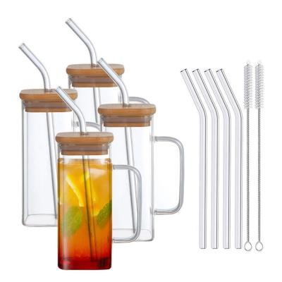 China Party Occasion 350ML Custom Clear Square Glass Cold Beer Mug with Bamboo Lid and Straw for sale