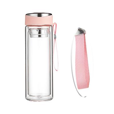 China 320 ML Pink Double Wall Glass Water Bottle with Lid and Direct Drinking Tea Infuser for sale