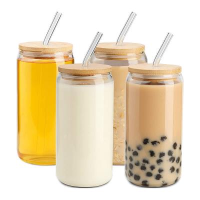 China 16oz Ice Coffee Mug Bubble Tea Pop Can Beer Wine Beverage Glass Cup with Glass Straw for sale