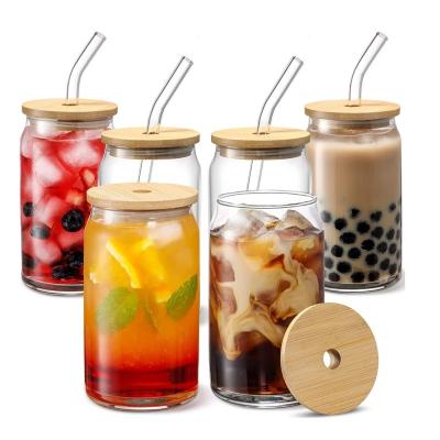 China Party Occasion 16oz Glass Beer Can Shaped Cup with Bamboo Lid and Straw for sale