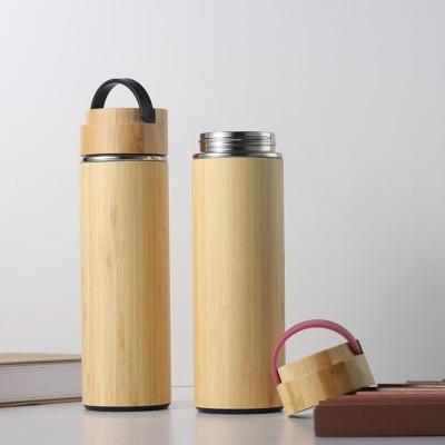 China Stainless Steel Insulated Wooden Bamboo Thermoses Flask Cup Mug Bottle With Tea Infuser for sale