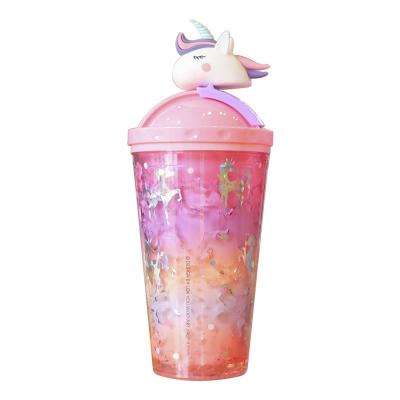 China Adults 430ML Cute Flying Unicorn Iced Plastic Water Bottle Cup with Straw and Unicorn Lid for sale