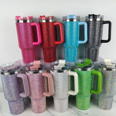 China 1 Diamond Black Studded Cups Double Wall Stainless Steel Coffee Travel Tumbler With Straw for sale