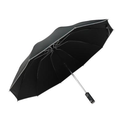 China Led flashlight  reflective strip fully automatic uv three-fold umbrella black glue umbrellas for the rain 3 folding travel umbrella with reflective strip for sale