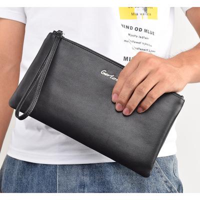 China Hot Selling Vintage Custom Black Oversized Zipper Work Genuine Leather Clutch Bag For Men for sale