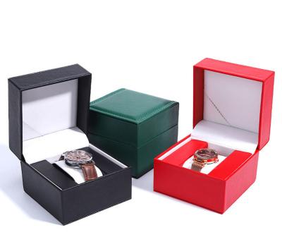 China Fashion Good Quality PU Leather Lychee Pattern Green And Black Square Red Inner Watch Case Flip Top Watch Box for sale