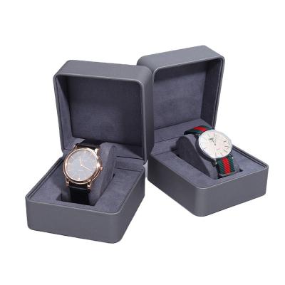 China Fashion Big Price Premium Rounded Corners High Quality PU Leather Gray Classic Clamshell Watch Box Square for sale