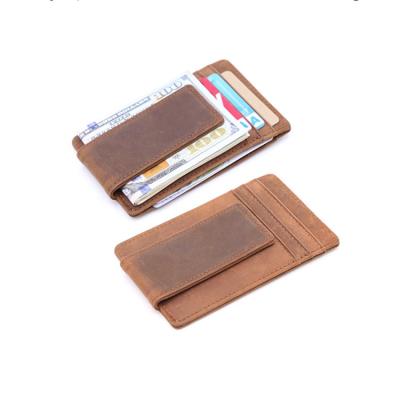 China Custom Crazy Horse Leather Wallet rfid Money+credit Hold Card Logo Genuine Leather Card Holder For Man Money Clip Leather Wallet for sale