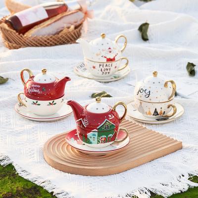 China Sustainable Ceramic Tea Cup and Teapot Gift Set Christmas Coffee Cup and Saucer with Spoon Tea Pot Kettle Suit Drinkware For Gift for sale