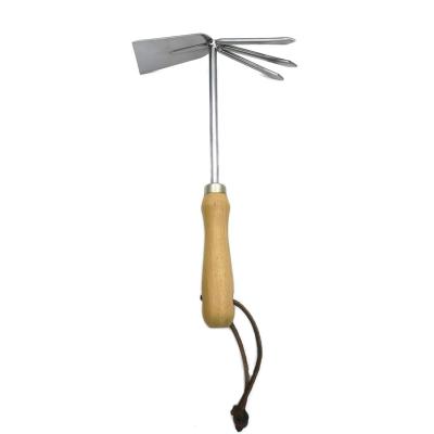 China Dual Use Handle Garden Hoe Wooden Cultivator with 3 Tines Fork Shaped Soil Weeding for sale