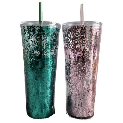 China Amazon Wholesale Disposable Bling Colors Plastic Iridescent Double Wall 24oz Drink Tumbler Cup With Straw And Lid for sale