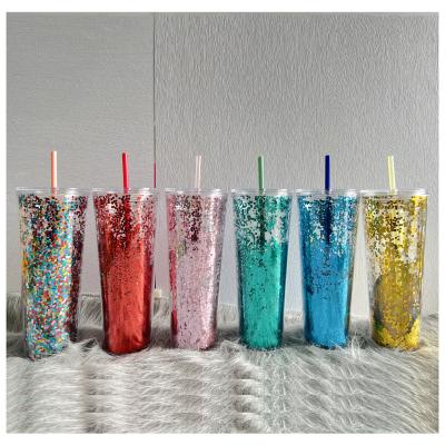 China Amazon Wholesale Disposable Bling Colors Plastic Iridescent Double Wall 24oz Drink Tumbler Cup With Straw And Lid for sale