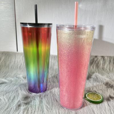 China Wholesale Disposable 24oz Bling Double Wall Plastic Iridescent Pink Glitter Tumbler Cup With Straw And Lid for sale