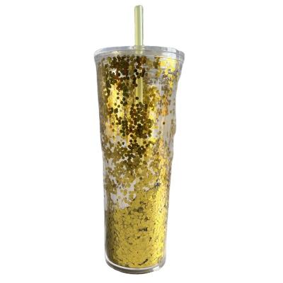 China Hot Selling Disposable 24oz Glitter Double Wall Tumblers With Acrylic Straw Sand Flow Glitter Double Wall Cup Tumbler for sale