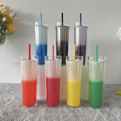 China Disposable Color Changing Double 16oz Skinny Wall Acrylic Water Bottles Plastic Tumbler Cups With Lid And Straw for sale