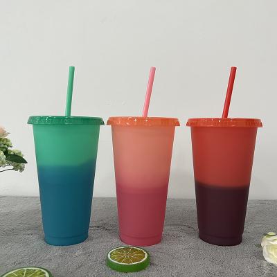 China Wholesale 700ml 24oz Disposable Color Changing Temperature Cold Reusable Coffee Cup Drink Tumblers Plastic Cup With Lid And Straw for sale