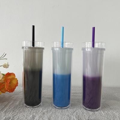 China Vendor 16oz Disposable Wall Mount Clear Plastic Acrylic Lean Double Color Changing Tumbler Coffee Mugs With Straw And Lid for sale