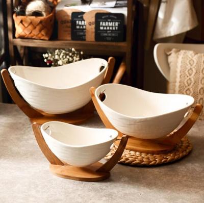 China Sustainable 3 pcs set taste tray with white ceramic bowl. Server set with bamboo rack for sale