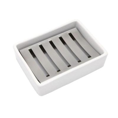 China Sustainable Stainless Steel And Ceramic Soap Dish Double Layer Soap Box Grade For Bathroom for sale