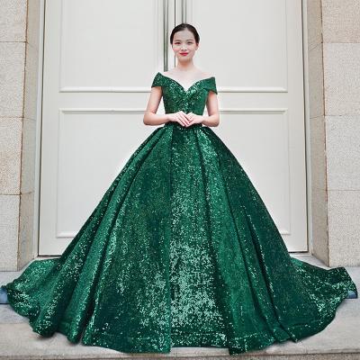 China Luxury Anti-Static Off The Shoulder Sweetheart Lace Up Sparkle Sequins Long Form Green Wedding Dresses Ball Gown Wedding Dresses for sale