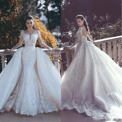 China 2022 Hot Selling Anti-wrinkle Long Sleeve Illusion Mermaid Wedding Dresses Vintage Mermaid Wedding Dress Long Sleeve Lace Detachable Train for sale