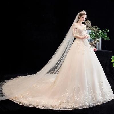 China Champagne Wedding Dress Luxury Anti-static Luxury Train Off The Shoulder Lace Ball Gown Wedding Dress for sale