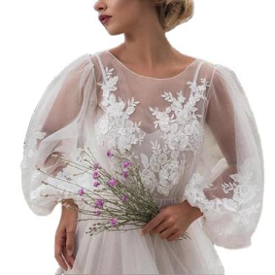 China XMN Elegant Woman Anti-wrinkle Bubble Mesh Sleeve Embroidery Lace Long Wedding Dress for sale