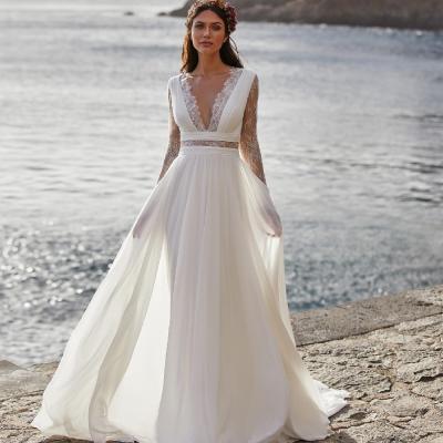 China 2021 XMN Wedding Gownsslim Skirt Trade V Collar A Line Long Sleeve Backless Bridal Wedding Dress Show Viable for sale