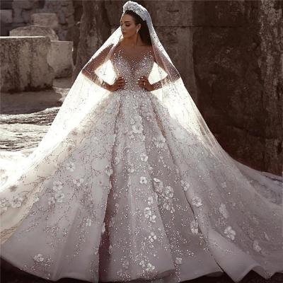 China Anti-static Luxury Arabic Dubai Wedding Dresses 2021 Long Sleeve Wedding Dresses Muslim Wedding Dresses Lace Up Heavy Beading Bridal Gowns for sale