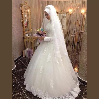 China Anti-Static Customize Wedding Dress Pure White Saudi Arabian Arabic Wedding Dress High Neck Long Sleeve Muslim Bridal Wedding Dress for sale