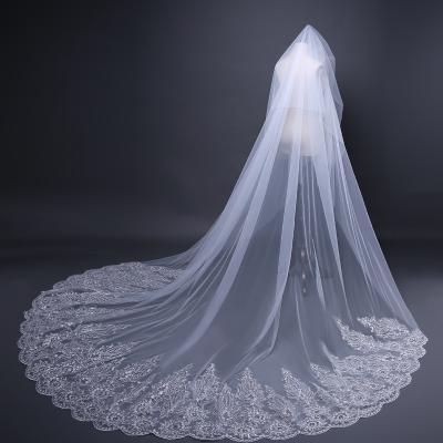 China Luxury Ribbon Edge Wedding Accessories 3.8 Meters With Comb Sequin Long Lace Diamond Wedding Veil for sale