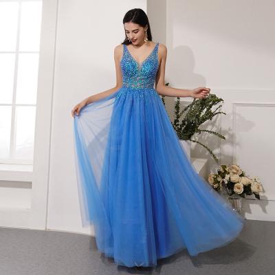 China Hot Selling Dry Cleaning Elegant A Line Tulle Peacock Blue Evening Dress Sequined V-Neck Formal Dress for sale