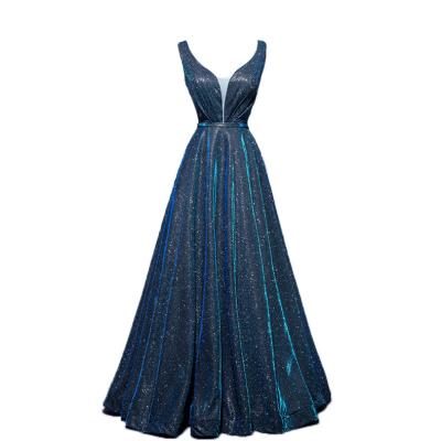 China Hot Selling Peacock Blue V-neck Sleeveless Prom Dress Dry Cleaning Sleeveless Formal Dress For Ladies Elegant Party Dress for sale