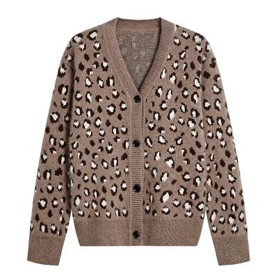 China Cashmere Anti-Shrink Knitwear Knitwear Camel Leopard Fashion Loose Cashmere Cardigan for sale