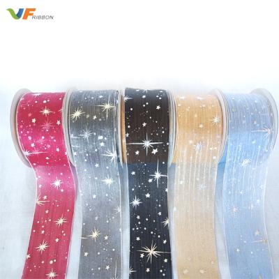 China 2020 New Fashion Sustainable Christmas Star Gold / Silver Printed Organza Ribbon 40mm for sale