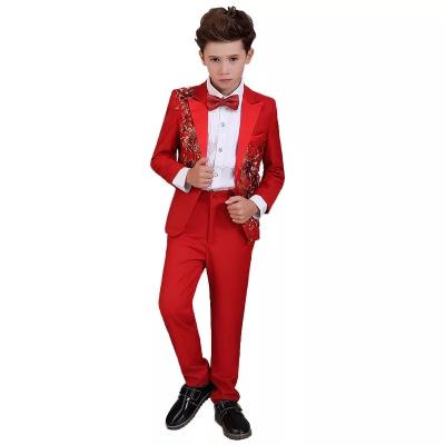 China High Quality Long Sleeves Embroidery Red Floral Pattern Western Formal Style 3 Pieces Teenager Boy Suit Set for sale