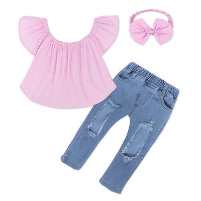 China INS casual baby's jeans suit girl's pink clothing set shoulder jacket + jeans headdress for sale