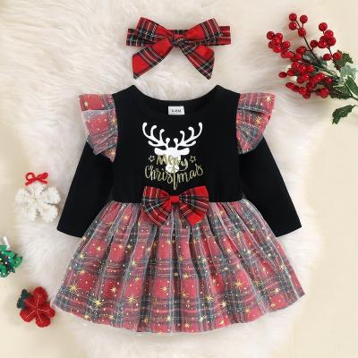 China Girls Dress Infants Anti-Static Casual Dresses Kids Bow Letter Dress Long Sleeve Christmas Headband Plaid Princess for sale