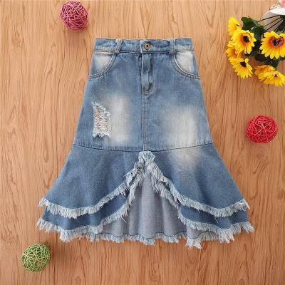 China Sweet autumn new design fashion baby tassel half skirts denim lattice skirt for sale