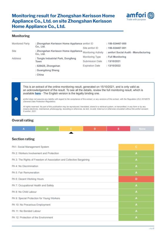 BSCI - Zhongshan Kerisson Home Appliance Co., Ltd.