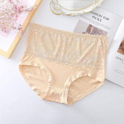 China Champagne Lace Cotton Modal Women Breathable Floral Spandex High Waist Comfortable Plus Size Panties for sale