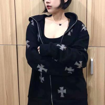 China Breathable winter zip up hoodie custom large size black cross pattern full sleeve cotton plain hoodie for sale