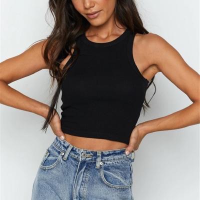 China Anti-pilling summer stretching mini crop tops sexy slim stretchy blue halter hollow out for young girls for sale