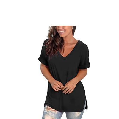 China Viable Women's Casual Fit Plus Size Lightweight Cotton Knit Short Sleeve V-Neck Cuffed T-Shirt for sale