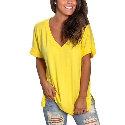 China Cheap casual short sleeve anti-pilling v-neck plain drop shoulder polyester knit cotton big T-shirt for women for sale