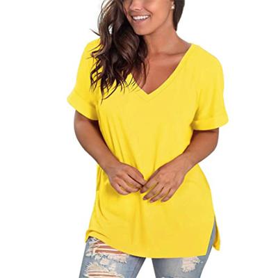 China Viable casual yellow teen shirt custom logo printing short sleeve plus size cotton t-shirt along for lady for sale