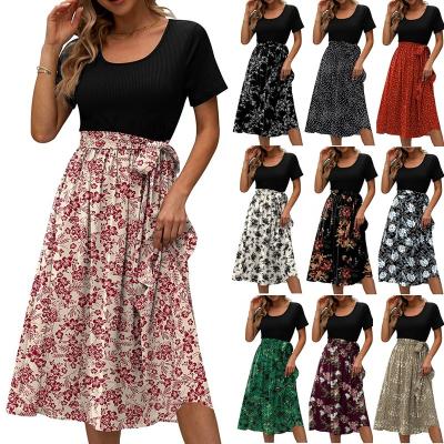 China 2023 New Custom Women's Anti-wrinkle Crew Neck Lace-up Printing Short Sleeve Splice Casual Dress for sale