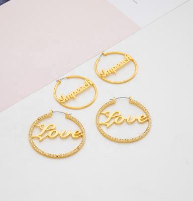 China TRENDY letter love circle earring rhinestone huggie earring edges shape gold plated letter earring for sale